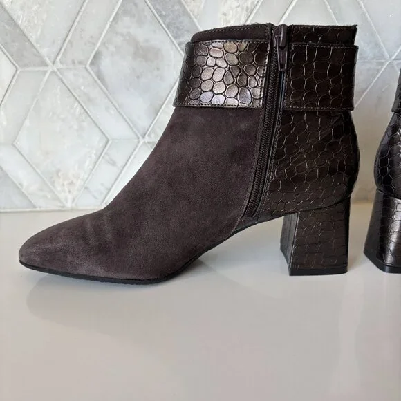 Ron White 38/7.5 Ankle Boot Zipper Block Heel Linzi Brown Croc Cashmere Suede - Picture 3 of 11